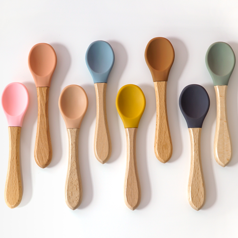 Baby Food Utensil - Feeding Wooden Handle Silicone Spoon For